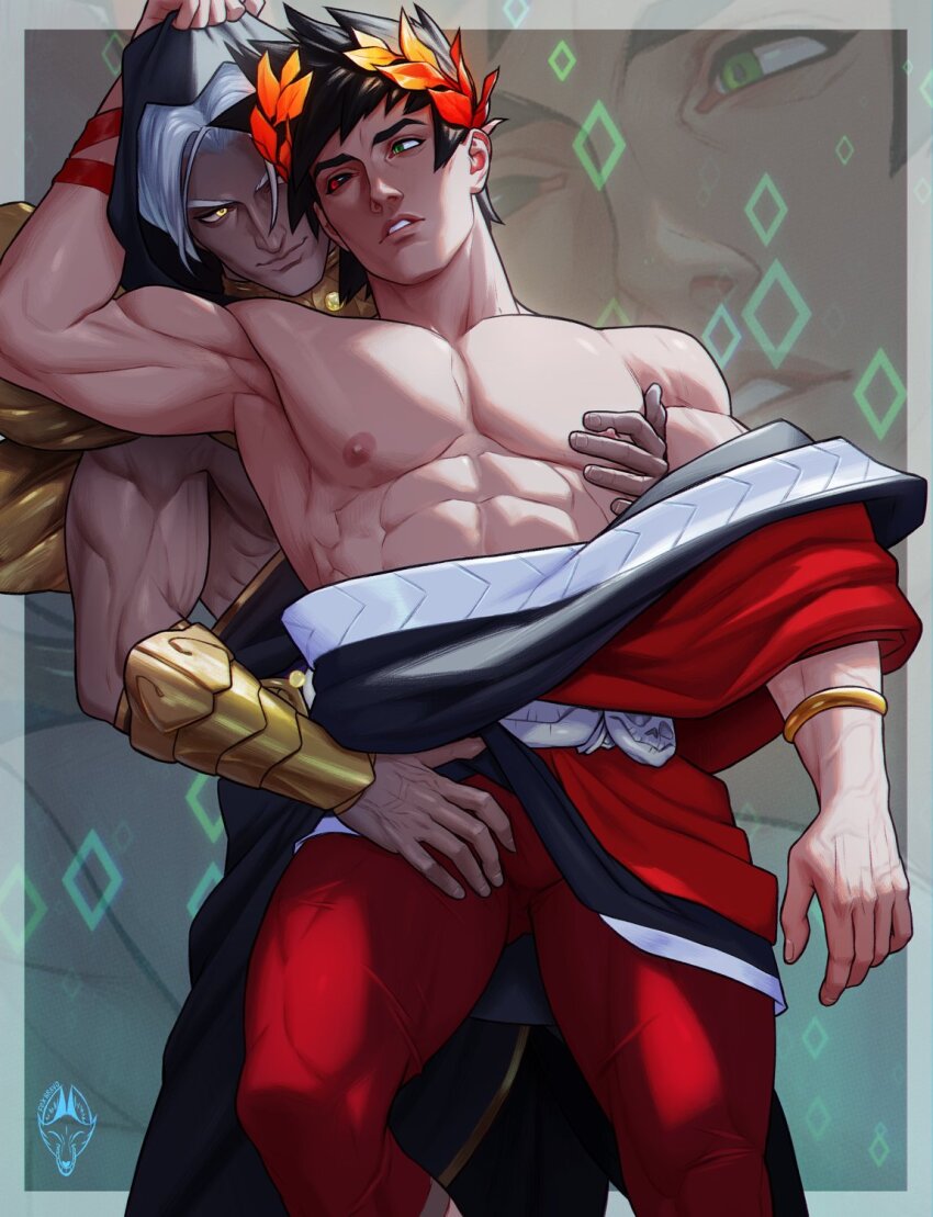 2boys abs ancient_greek_clothes bara black_hair black_sclera colored_sclera couple fox_bravo greco-roman_clothes green_eyes grey_hair hades_(series) hades_1 heterochromia highres hood hood_up large_pectorals leggings looking_at_another male_focus multiple_boys muscular muscular_male nipple_stimulation nipple_tweak nipples pectorals red_eyes red_leggings short_hair thanatos_(hades) thick_thighs thighs yaoi yellow_eyes zagreus_(hades)