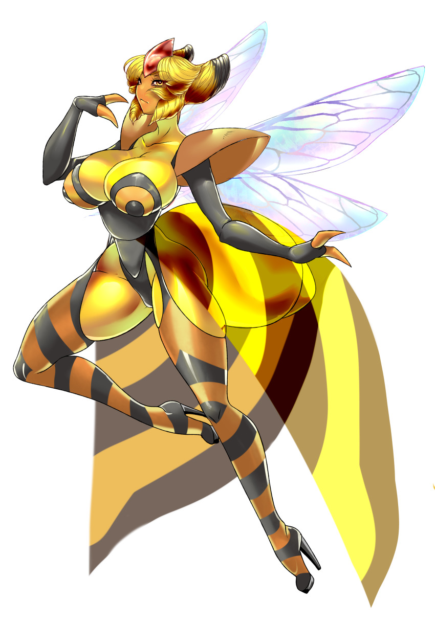 1girl absurdres blonde_hair boots breasts cleavage dress gen_4_pokemon high_heel_boots high_heels highres huge_breasts humanization nintendo no_humans personification pokemon source_request striped_clothes striped_thighhighs the_lost_artist thigh_boots thighhighs vespiquen wings zacianswords