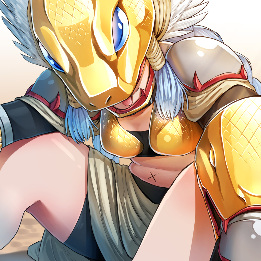 1girl absurdres arm_warmers armor bike_shorts black_gloves black_tube_top blue_hair braid breasts closed_mouth commentary_request covered_eyes digimon digimon_(creature) gauntlets gloves gold_armor hasegawa_(hase_popopo) helmet helmet_over_eyes highres long_hair midriff minervamon navel shadow shoulder_pads sidelocks sitting small_breasts snake_mask solo strapless tongue tongue_out tube_top twin_braids very_long_hair waist_cape winged_helmet x_navel