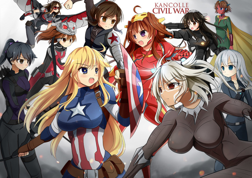 6+girls annotated ant-man ant-man_(cosplay) armor arrow_(projectile) black_hair black_panther_(marvel) black_panther_(marvel)_(cosplay) black_widow black_widow_(cosplay) blonde_hair blue_eyes bodysuit bow_(weapon) breasts brown_eyes brown_hair cape captain_america captain_america:_civil_war captain_america_(cosplay) captain_america_(series) captain_america_civil_war clenched_hands colored_skin cosplay dark-skinned_female dark_skin embers facial_mark fingerless_gloves fubuki_(kancolle) gloves goggles gun hair_ribbon haruna_(kancolle) hawkeye_(marvel) hawkeye_(marvel)_(cosplay) headgear hibiki_(kancolle) hiei_(kancolle) hiyou_(kancolle) houshou_(kancolle) impossible_bodysuit impossible_clothes iowa_(kancolle) iron_man iron_man_(cosplay) kantai_collection kongou_(kancolle) large_breasts marvel marvel_cinematic_universe mechanical_arms multiple_girls musashi_(kancolle) open_mouth parody ponytail pouch power_armor purple_eyes quiver red_eyes red_skin ribbon ryuujou_(kancolle) setia_pradipta shield silver_hair single_mechanical_arm star-shaped_pupils star_(symbol) superhero_costume symbol-shaped_pupils the_falcon the_falcon_(cosplay) twintails vision_(marvel) vision_(marvel)_(cosplay) war_machine war_machine_(cosplay) weapon wings winter_soldier winter_soldier_(cosplay)