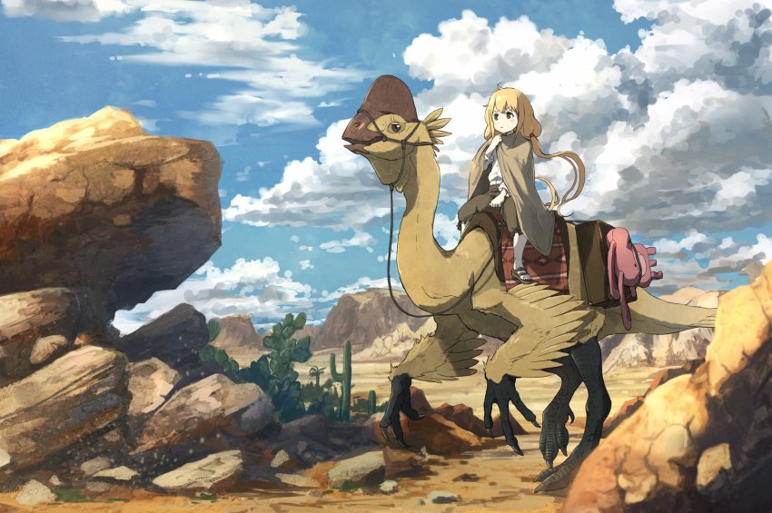 1girl alternate_costume anachronism anime_coloring ari_hinoko beak blonde_hair blue_sky blush cactus cape capri_pants claws cloud cloudy_sky commentary_request day desert dinosaur riding_dinosaur fantasy futaba_anzu hand_up highres idolmaster idolmaster_cinderella_girls long_hair name_connection outdoors pants reins riding rock saddle sandals scenery serious sky stuffed_animal stuffed_rabbit stuffed_toy twintails