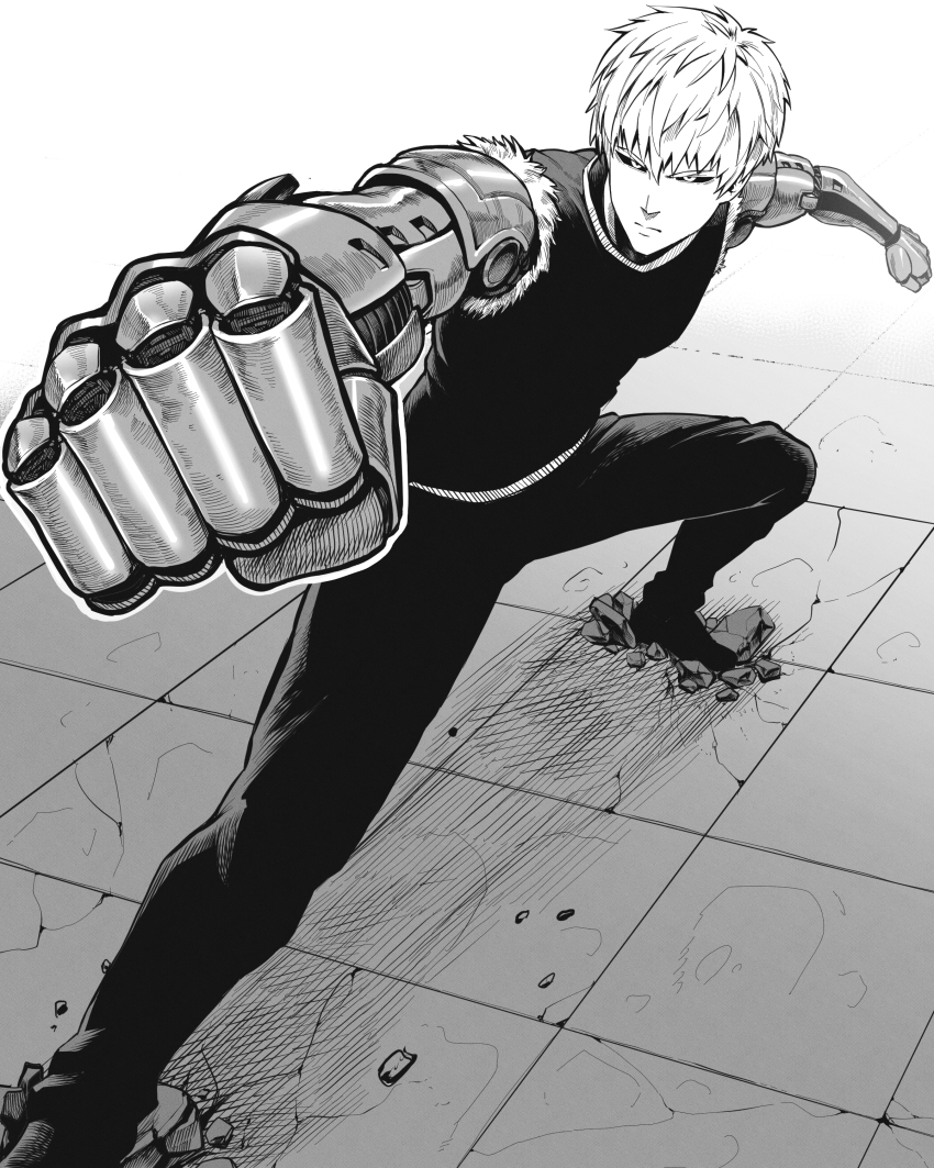 1boy absurdres black_footwear black_pants black_sclera black_shirt colored_sclera commentary cyborg english_commentary fighting_stance foreshortening full_body genos greyscale ground_shatter highres male_focus mechanical_arms monochrome one-punch_man pants punching rubble serious shirt sleeveless sleeveless_shirt solo speedl00ver wispy_bangs