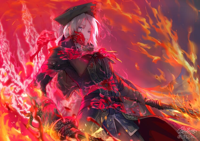 1girl absurdres ascot bloodborne blue_eyes cape elden_ring fire fromsoftware gem gloves hat hat_feather highres holding lady_maria_of_the_astral_clocktower long_hair pin.s ponytail rakuyo_(bloodborne) sword tricorne weapon white_hair
