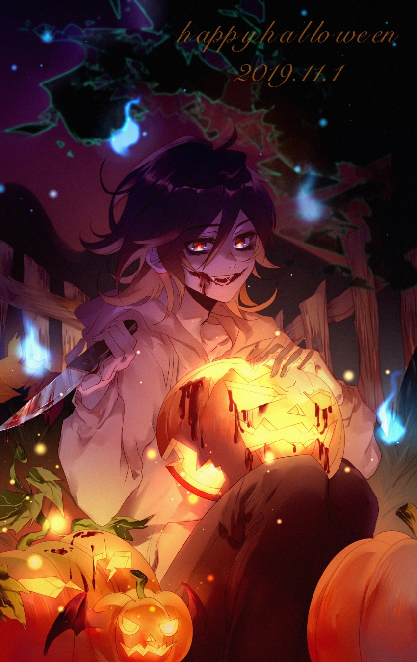 1boy 2019 779762391_(lofter) :d absurdres adam&#039;s_apple ahoge androgynous bags_under_eyes black_hair black_pants blood bloody_knife blue_eyes collarbone colored_skin commentary creepypasta dated double-parted_bangs drawstring fangs feet_out_of_frame fence film_grain glasgow_smile glowing hair_between_eyes happy_halloween highres holding holding_knife holding_pumpkin hood hood_down hoodie jack-o&#039;-lantern jeff_the_killer knees_up knife light_particles long_sleeves looking_at_viewer male_focus medium_hair mountainous_horizon night open_mouth outdoors pants puffy_long_sleeves puffy_sleeves pumpkin purple_sky red_pupils reverse_grip sky smile solo symbol-only_commentary teeth underlighting white_hoodie white_skin wooden_fence
