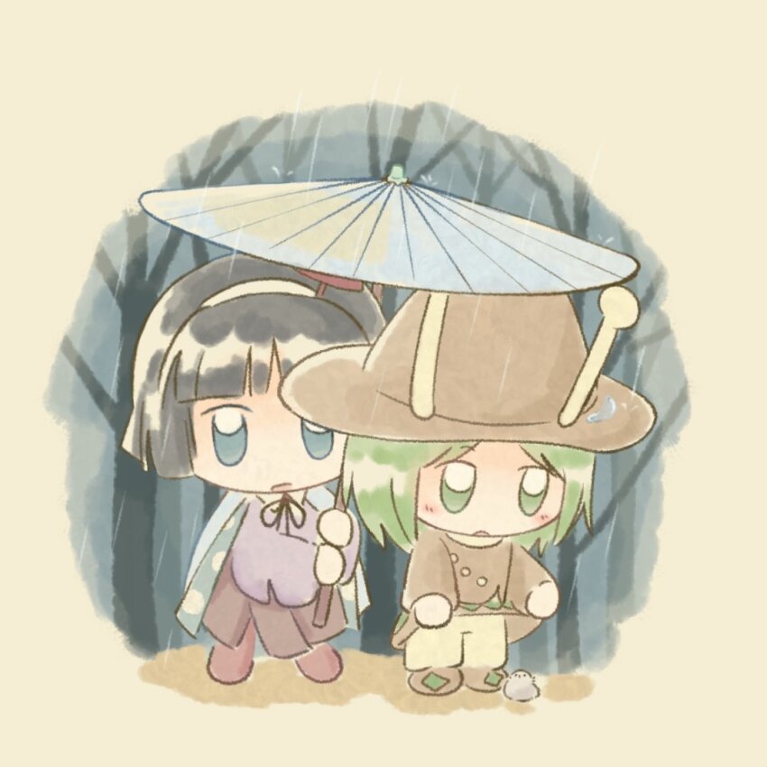 2others amanomiya_jun amanomori_shou androgynous antennae baila_kuangzi bare_tree bird black_hair black_ribbon blue_cape blue_eyes blue_umbrella blunt_bangs blunt_ends boots brown_background brown_hakama brown_hat brown_shirt brown_shoes cape chibi chick chinese_commentary commentary_request downturned_eyes forest green_eyes hairband hakama hakama_skirt hat holding holding_umbrella japanese_clothes layered_shirt len&#039;en light_blush long_sleeves looking_at_animal looking_at_another multiple_others nature neck_ribbon oil-paper_umbrella open_mouth other_focus pants pink_shirt polka_dot_cape rain red_boots ribbon rubber_boots shared_umbrella shirt shirt_hold shoes short_hair skirt standing tree turtleneck turtleneck_shirt umbrella umbrella_hair_ornament wet white_hairband white_pants white_shirt wide_sleeves
