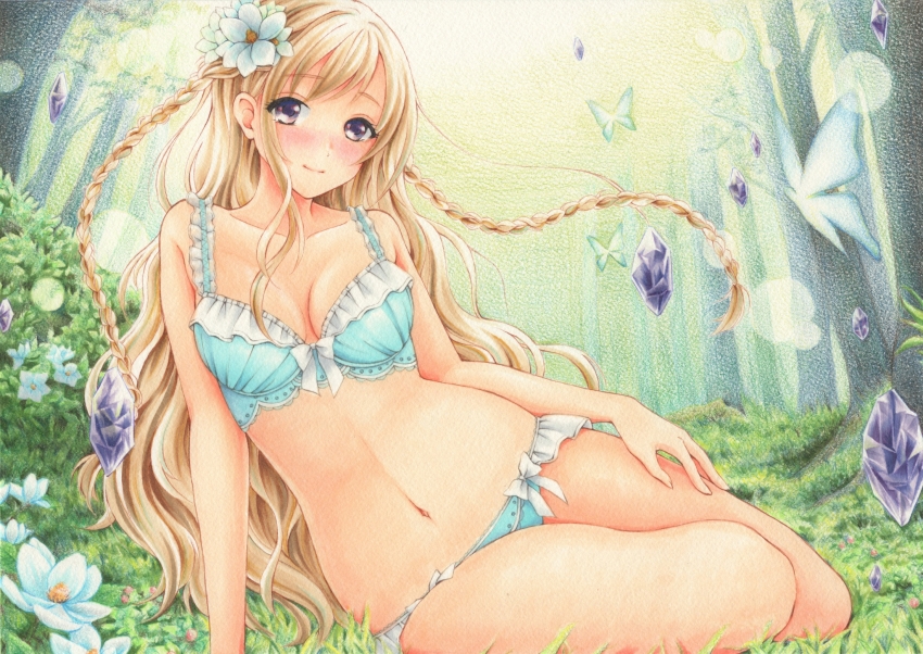 1girl alternate_costume aqua_bra aqua_panties arm_support blonde_hair blush bow bow_bra bow_panties bra braid breasts breasts_apart bug butterfly closed_mouth collarbone commentary crystal day flower forest frilled_bra frilled_panties frills hair_flower hair_ornament hand_on_own_thigh highres insect light_smile lingerie long_hair looking_at_viewer marker_(medium) midori_(mira567) nature navel original outdoors panties purple_eyes reclining solo stomach traditional_media underwear underwear_only very_long_hair wavy_hair white_flower