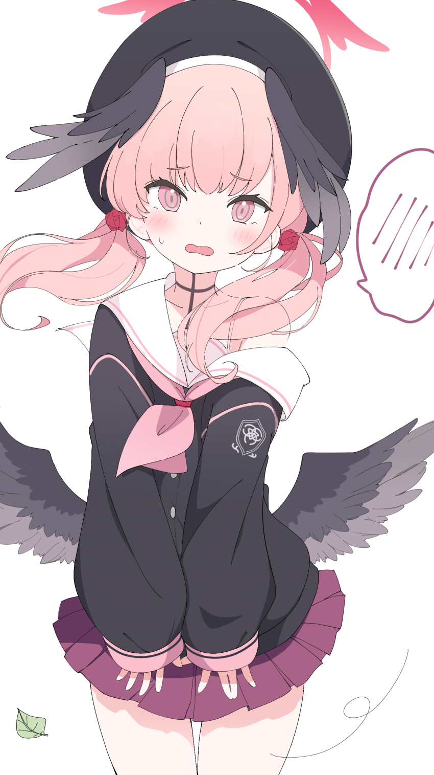 1girl absurdres beret black_wings blue_archive blush collarbone commentary cowboy_shot feathered_wings halo hat head_wings highres koharu_(blue_archive) leaf long_hair long_sleeves looking_at_viewer low_wings memoi neckerchief off_shoulder open_mouth pink_eyes pink_hair pink_halo pink_neckerchief pleated_skirt red_halo sailor_collar shirt simple_background skirt skirt_tug solo spoken_blush sweatdrop twintails white_background white_sailor_collar wind winged_halo winged_hat wings