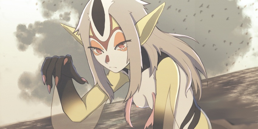 1girl ao_no_roku-gou breasts fish fish_girl grey_hair monster_girl mutio nipples pointy_ears red_eyes short_hair