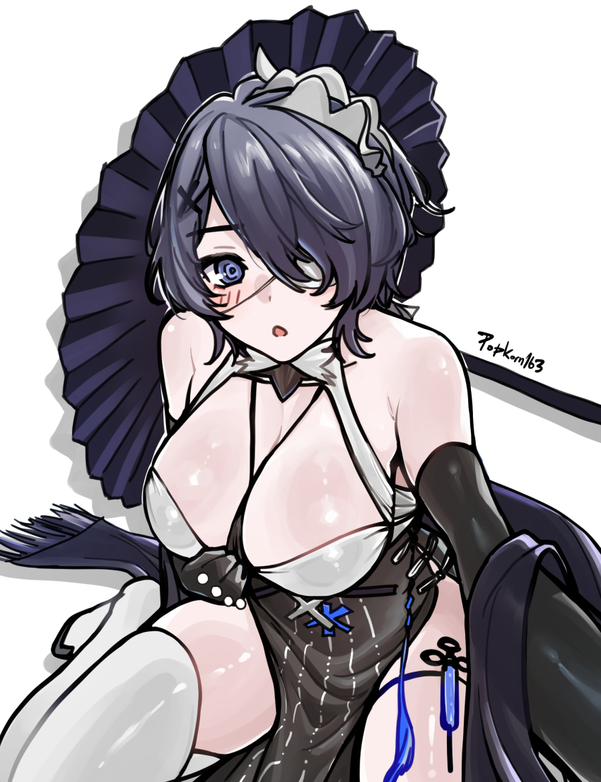 1girl absurdres arknights black_hair blue_eyes blush breasts hair_ornament highres large_breasts long_sleeves looking_at_viewer open_mouth popkorn163 shirt short_hair simple_background skirt solo whisperain_(arknights)