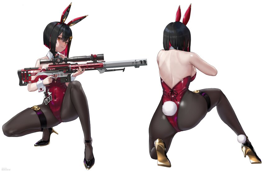 1girl absurdres alternate_costume animal_ears april_fools ass back bare_shoulders black_choker black_hair breasts choker cleavage closed_mouth colored_inner_hair commentary covered_navel detached_collar earpiece fake_animal_ears fake_tail full_body goddess_of_victory:_nikke gun hair_between_eyes hair_ornament high_heels highleg highleg_leotard highres holding holding_gun holding_weapon large_breasts leotard looking_at_viewer meme multicolored_hair nikke&#039;s_shooting_pose_(meme) on_one_knee pantyhose playboy_bunny rabbit_ears rabbit_tail red_hair red_leotard rifle rouge_(nikke) short_hair sidelocks simple_background skindentation sniper_rifle solo squatting strapless strapless_leotard tail thigh_strap weapon white_background white_wrist_cuffs wing_(wingho) wrist_cuffs yellow_eyes
