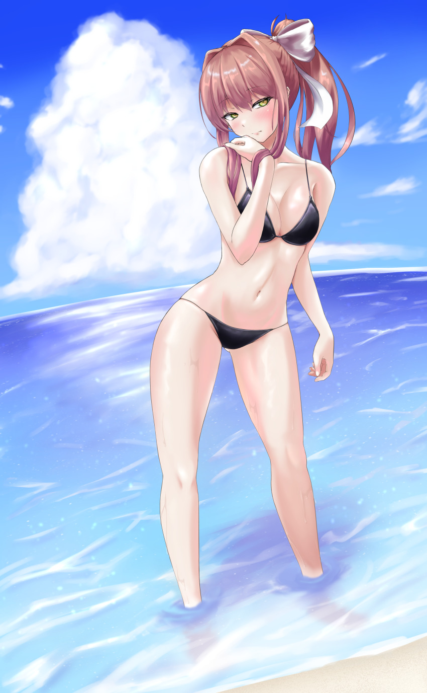 1girl absurdres bare_shoulders beach bikini black_bikini blue_sky blush bow breasts brown_hair cleavage closed_mouth cloud cloudy_sky collarbone commentary cumulonimbus_cloud day doki_doki_literature_club english_commentary eyelashes full_body green_eyes hair_bow hair_intakes hand_up heonu high_ponytail highres long_hair looking_at_viewer medium_breasts monika_(doki_doki_literature_club) navel outdoors ponytail sky solo stomach swimsuit wading white_bow