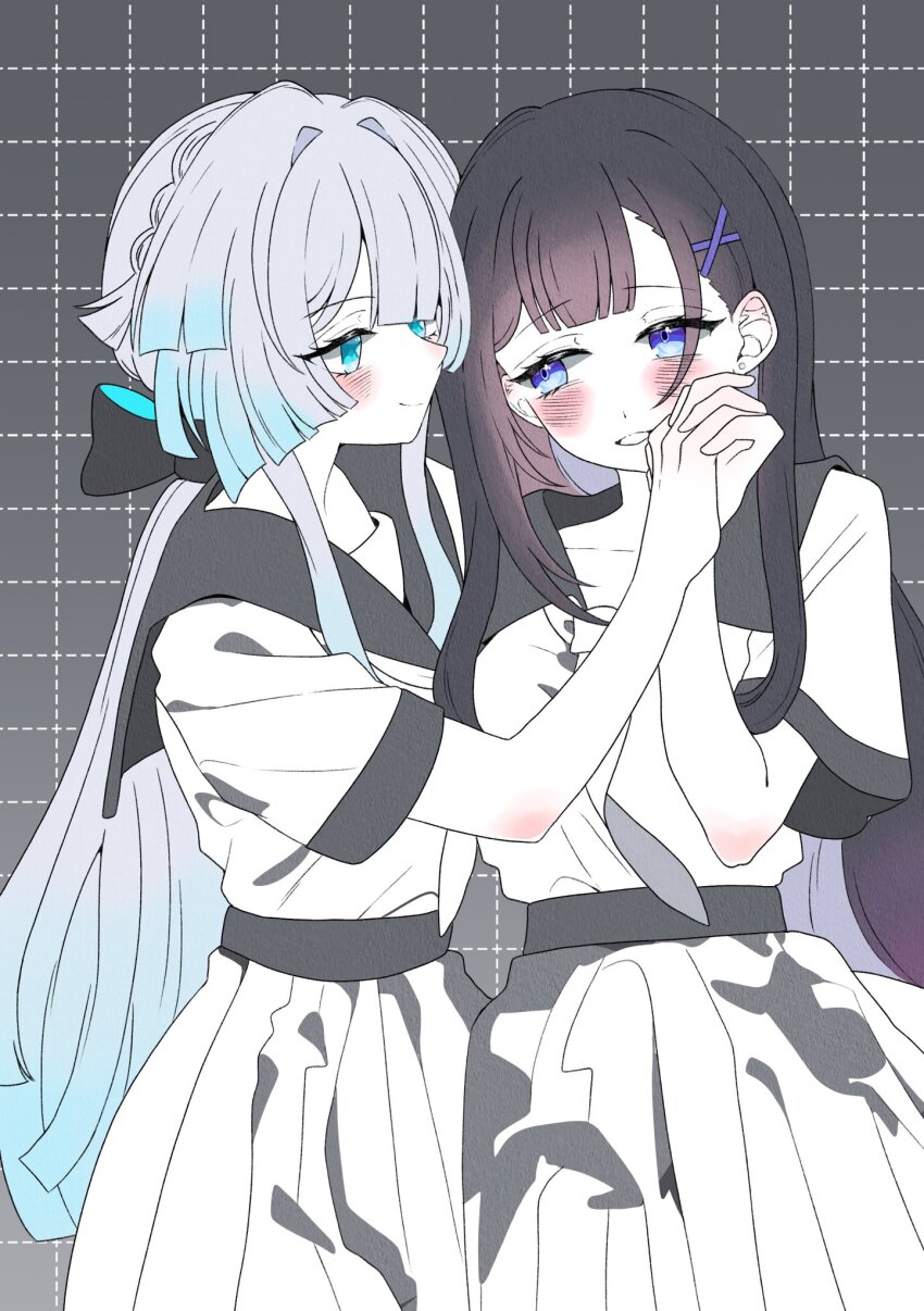 2girls black_hair black_sailor_collar blue_eyes blue_streaks cerydra_(honkai:_star_rail) closed_mouth commentary_request earrings grey_hair grid_background highres holding_hands honkai:_star_rail honkai_(series) hysilens_(honkai:_star_rail) interlocked_fingers jewelry kosame_0229 long_hair multiple_girls parted_lips pleated_skirt purple_eyes sailor_collar school_uniform serafuku shirt skirt smile white_shirt white_skirt yuri