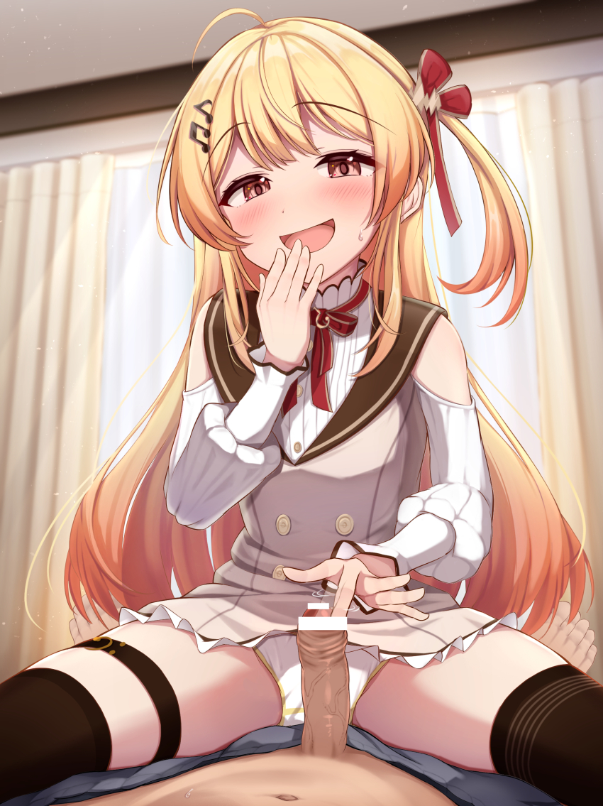 1boy 1girl absurdres ahoge bar_censor black_thighhighs blonde_hair blush brown_dress brown_sailor_collar censored curtains dress erection femdom foreskin foreskin_insertion fortissimo hair_ornament hair_ribbon handjob hetero highres hololive hololive_dev_is indoors loli long_hair looking_at_viewer mesugaki motion_lines musical_note musical_note_hair_ornament navel non_non_moral open_mouth orgasm_denial otonose_kanade otonose_kanade_(1st_costume) paid_reward_available panties penis red_eyes red_ribbon ribbon sadism sailor_collar smile sweatdrop teasing textless_version thigh_strap thighhighs underwear veins veiny_penis virtual_youtuber white_panties