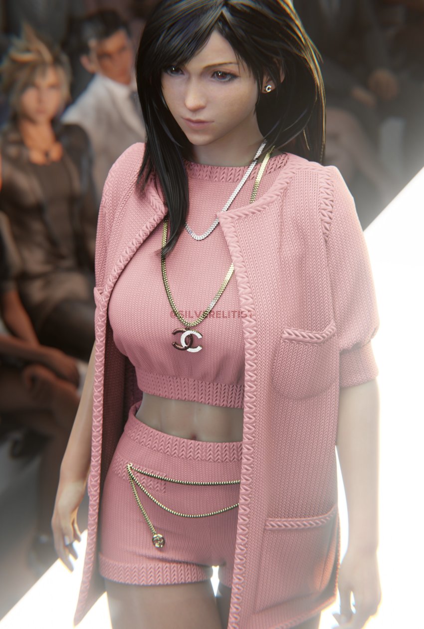 1girl 3d absurdres alternate_costume black_hair blurry blurry_background breasts brown_eyes cardigan catwalk chanel cloud_strife earrings final_fantasy final_fantasy_vii final_fantasy_vii_remake hair_over_shoulder highres jewelry large_breasts long_hair looking_forward navel necklace pink_cardigan pink_shirt pink_shorts runway shirt short_sleeves shorts silverelitist solo_focus square_enix tifa_lockhart upper_body walking zack_fair