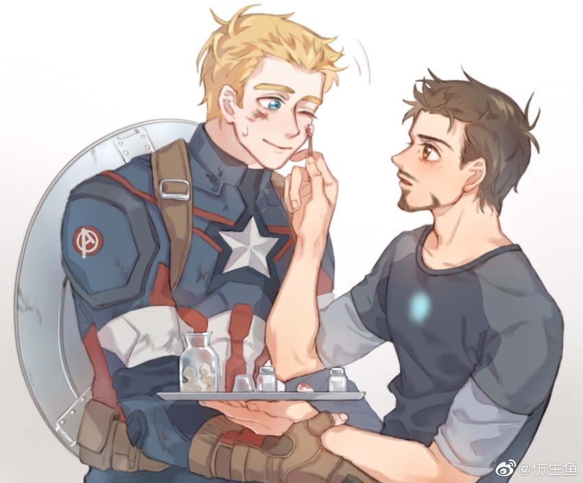 2boys arc_reactor avengers_(series) belt black_shirt blonde_hair blood blood_on_face blue_bodysuit blue_eyes bodysuit bottle brown_belt brown_eyes brown_gloves brown_hair captain_america chinese_commentary closed_mouth commentary_request cotton_swab facial_hair fingerless_gloves fingernails gloves grabbing_another&#039;s_arm highres holding holding_cotton_swab holding_tray ice ice_cube injury looking_at_another male_focus marvel marvel_cinematic_universe multiple_boys one_eye_closed open_mouth pocket shield shield_on_back shirt short_hair short_sleeves simple_background smile star_(symbol) steve_rogers superhero_costume sweatdrop t-shirt tony_stark tray white_background yizilu699