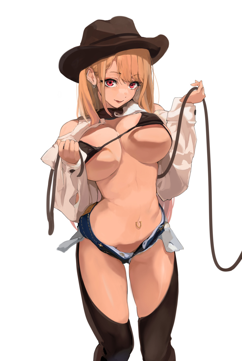 1girl absurdres areola_slip bikini black_bikini black_chaps black_thighhighs blonde_hair breasts chaps cleavage cowboy_hat ear_piercing earrings eyelashes eyeliner hat highres jewelry kitagawa_marin large_breasts leash long_hair makeup mamimi_(mamamimi) navel navel_piercing piercing red_eyes shorts simple_background smile solo sono_bisque_doll_wa_koi_wo_suru swimsuit thighhighs white_background