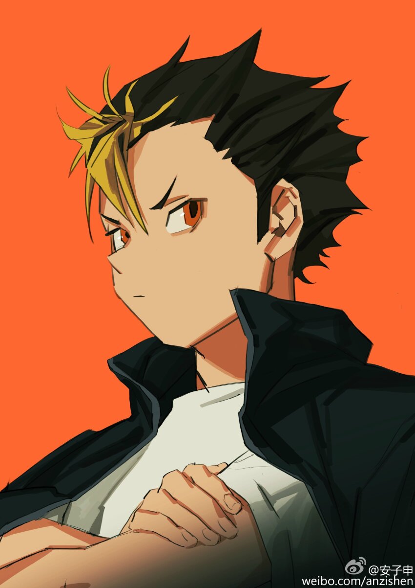 1boy absurdres anzishen blonde_hair earphones glasses haikyuu!! highres male_focus multicolored_hair open_mouth red_eyes shirt short_hair solo white_shirt