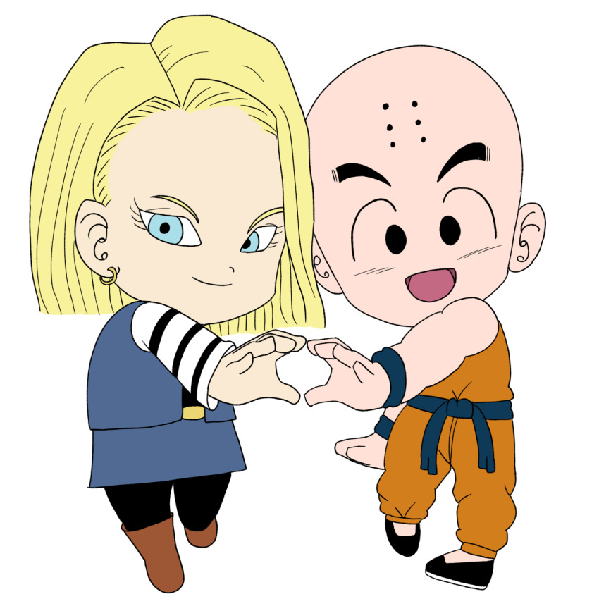1boy 1girl android_18 bald bald_male black_eyes blonde_hair blue_eyes chibi couple dragon_ball happy heart heart_hands highres husband_and_wife kuririn smile white_background