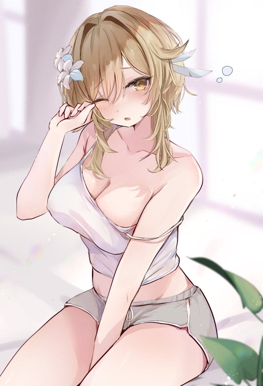 1girl bare_shoulders blonde_hair blurry blurry_background blush breasts camisole cleavage collarbone commentary_request day flower genshin_impact grey_shorts hair_between_eyes hair_flower hair_ornament hand_up highres indoors large_breasts looking_at_viewer lumine_(genshin_impact) midriff one_eye_closed pokeeeo_o short_hair_with_long_locks shorts solo spaghetti_strap thigh_strap white_camisole white_flower window