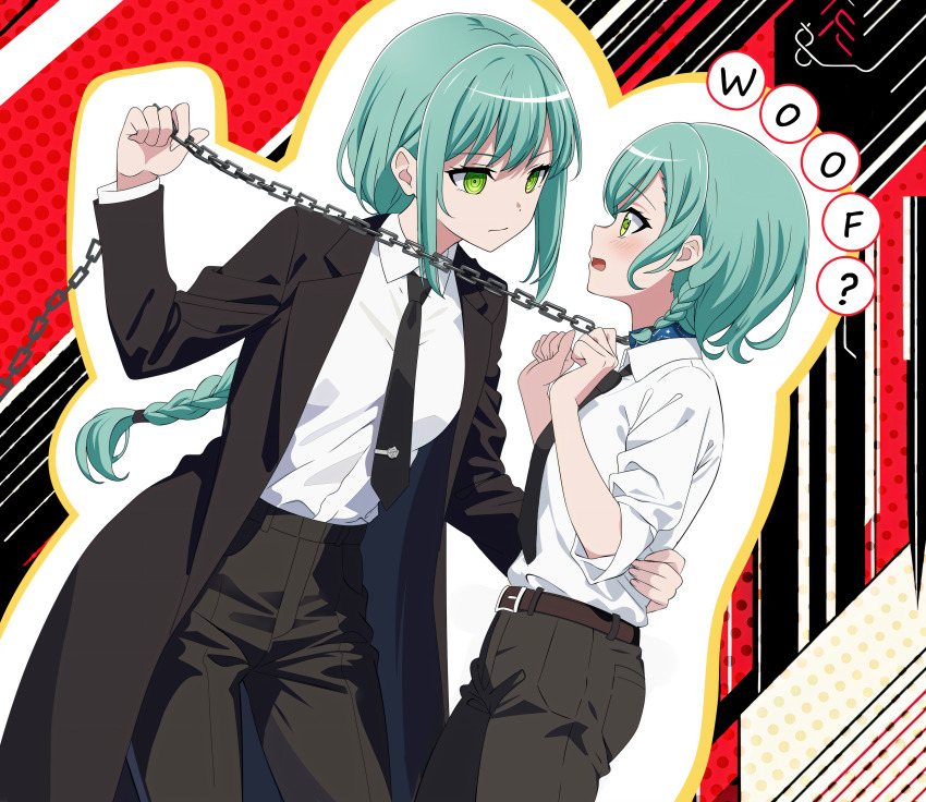2girls absurdres animal_collar aqua_hair arm_around_waist bang_dream! belt black_coat black_necktie black_pants blush braid braided_ponytail chain chain_leash chain_pull chainsaw_man coat collar collared_shirt commentary constellation_print cosplay denji_(chainsaw_man) denji_(chainsaw_man)_(cosplay) dress_shirt english_commentary fries_vanquisher green_eyes highres hikawa_hina hikawa_sayo leash long_hair looking_at_another makima_(chainsaw_man) makima_(chainsaw_man)_(cosplay) multiple_girls necktie pants ringed_eyes shirt short_hair siblings single_braid sisters tie_clip twins white_shirt