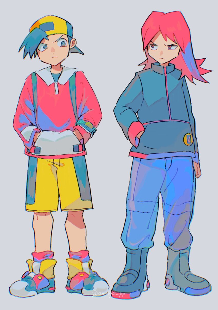 2boys amaya_uw backwards_hat black_hair boots closed_mouth commentary_request ethan_(pokemon) frown grey_background hand_in_pocket hands_in_pockets hat highres jacket knees long_hair long_sleeves male_focus multiple_boys nintendo pants pants_tucked_in pokemon pokemon_gsc short_hair shorts silver_(pokemon) standing yellow_shorts