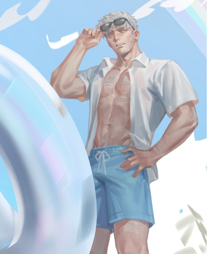 1boy blue_eyes blue_shorts character_request copyright_request doughblaster highres muscular muscular_male open_clothes open_shirt shirt shorts standing sunglasses white_hair white_shirt yaoi