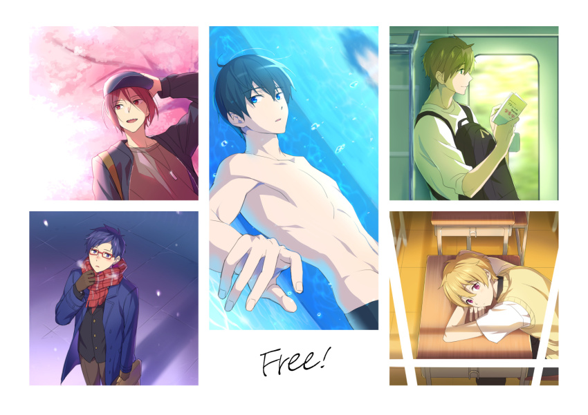 5boys backpack bag baseball_cap black_bag black_shirt blonde_hair blue_coat blue_eyes blue_hair brown_hair bubble cherry_blossoms classroom coat collage copyright_name free! gloves hat hazuki_nagisa highres jewelry long_sleeves looking_outside male_focus matsuoka_rin mo_(nmnme) multiple_boys nanase_haruka_(free!) necklace reading red_hair ryuugazaki_rei scarf shirt short_sleeves tachibana_makoto teeth topless_male train_interior tree underwater white_background