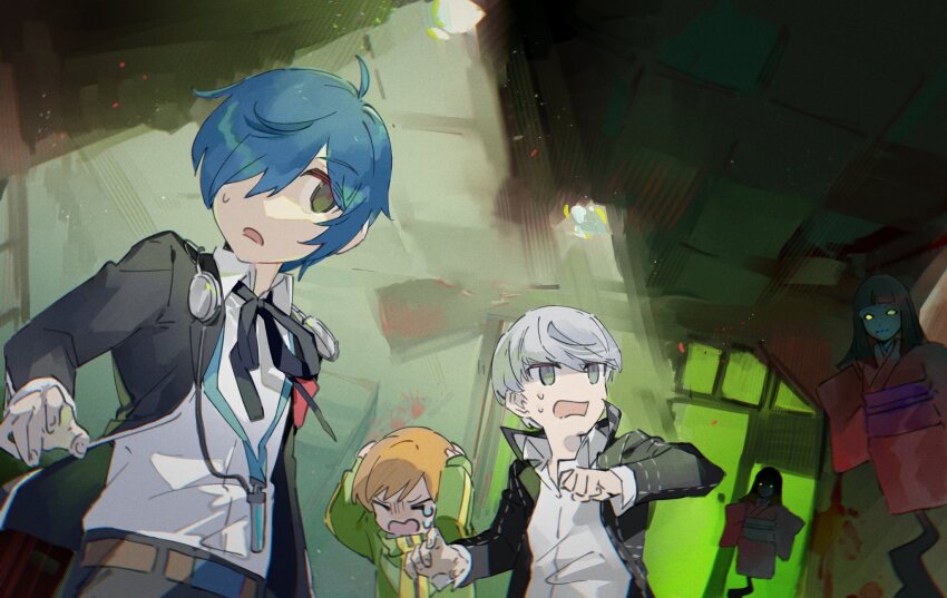 1girl 2boys armband belt belt_buckle black_jacket black_pants black_ribbon blue_hair brown_belt brown_hair buckle closed_eyes collared_shirt cowering crying digital_media_player digital_walkman gekkoukan_high_school_uniform grey_eyes grey_hair hair_over_one_eye highres jacket long_sleeves multiple_boys narukami_yu neck_ribbon open_clothes open_jacket open_mouth pants persona persona_3 persona_4 persona_q:_shadow_of_the_labyrinth persona_q_(series) red_armband ribbon satonaka_chie scared school_uniform shadow_(persona) shirt short_hair track_jacket walkman_nw-s203f white_shirt xing_20 yasogami_school_uniform yuuki_makoto_(persona_3)