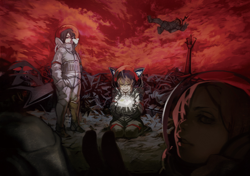2boys 2girls absurdres astronaut brown_hair comitia game_boy game_boy_(original) glasses glowing handheld_game_console highres multiple_boys multiple_girls original pile red_sky sky spacesuit takeyuki15 v