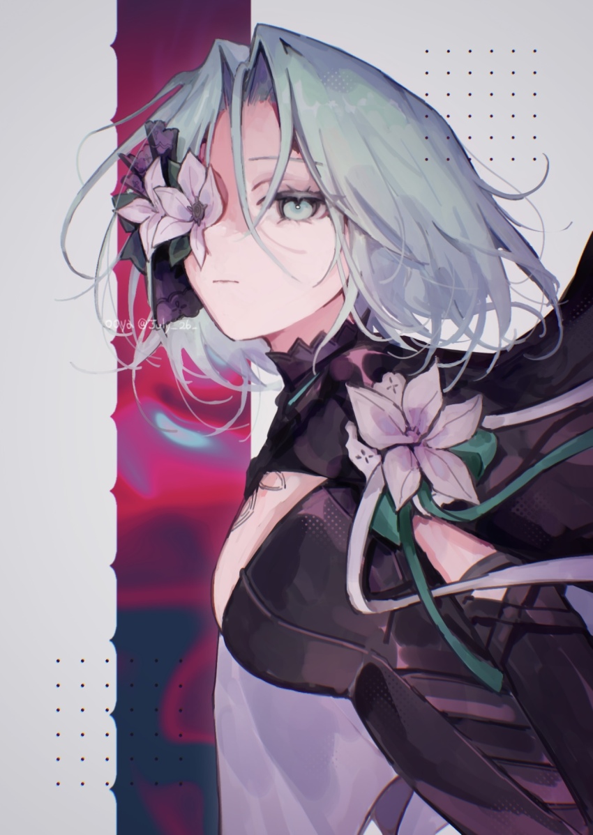 1girl aqua_eyes aqua_hair arcaea artist_name black_cape black_shirt breasts cape cleavage_cutout closed_mouth clothing_cutout commentary expressionless flower flower_on_face from_side hair_between_eyes highres medium_hair ooya_(july_26) saya_(arcaea) shirt solo twitter_username upper_body
