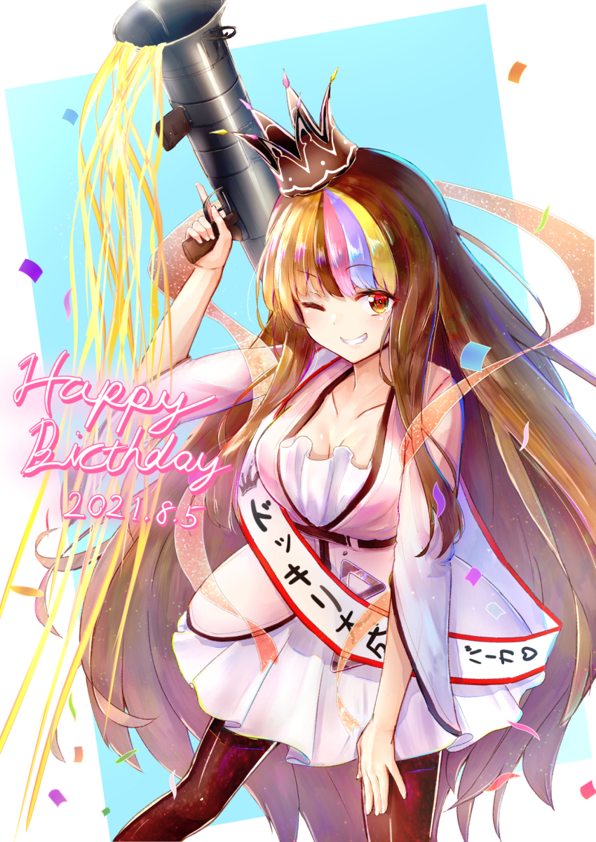 1girl birthday_sash breasts brown_eyes collarbone commentary confetti cowboy_shot crown dated dress galaco galaco_(neo) grin gun hand_on_own_thigh hand_on_thigh hand_up happy_birthday highres holding holding_gun holding_weapon long_hair looking_at_viewer lukky_clover medium_breasts multicolored_hair one_eye_closed pink_dress pleated_dress rocket_launcher sash shoulder_sash smile solo standing streaked_hair streamers translated very_long_hair vocaloid weapon