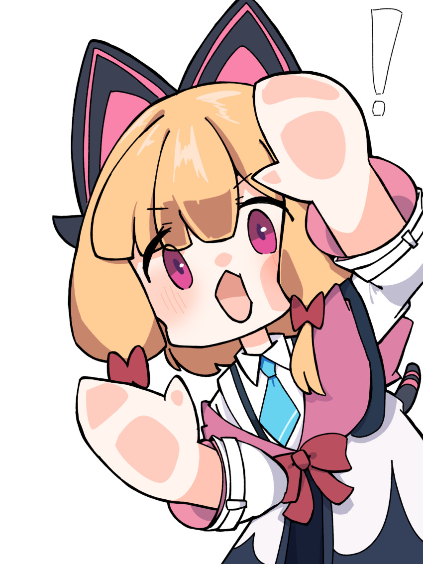 ! 1girl against_fourth_wall animal_ear_headphones animal_ears aqua_necktie black_jacket black_tail blonde_hair blue_archive blush cat_ear_headphones cat_ears cat_tail collared_shirt commentary_request fake_animal_ears fake_tail fourth_wall headphones highres hood hood_down hooded_jacket jacket long_sleeves looking_at_viewer momoi_(blue_archive) multicolored_jacket necktie no_halo off_shoulder open_mouth palms pink_eyes pink_jacket sasami_(user_hjwc8354) shirt short_hair short_necktie simple_background solo suspenders tail two-sided_fabric two-sided_jacket upper_body v-shaped_eyebrows white_background white_jacket white_shirt