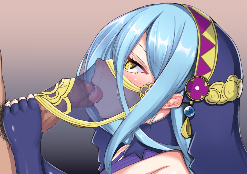 1girl alternate_costume azura_(fire_emblem) azura_(lady_of_ballads)_(fire_emblem) blue_hair censored commission cum cum_in_mouth ebon fellatio fellatio_under_mask fire_emblem fire_emblem_fates foreskin gloved_handjob gloves gradient_background hair_between_eyes handjob highres mouth_veil nintendo oral penis pixiv_commission smegma tagme veil yellow_eyes