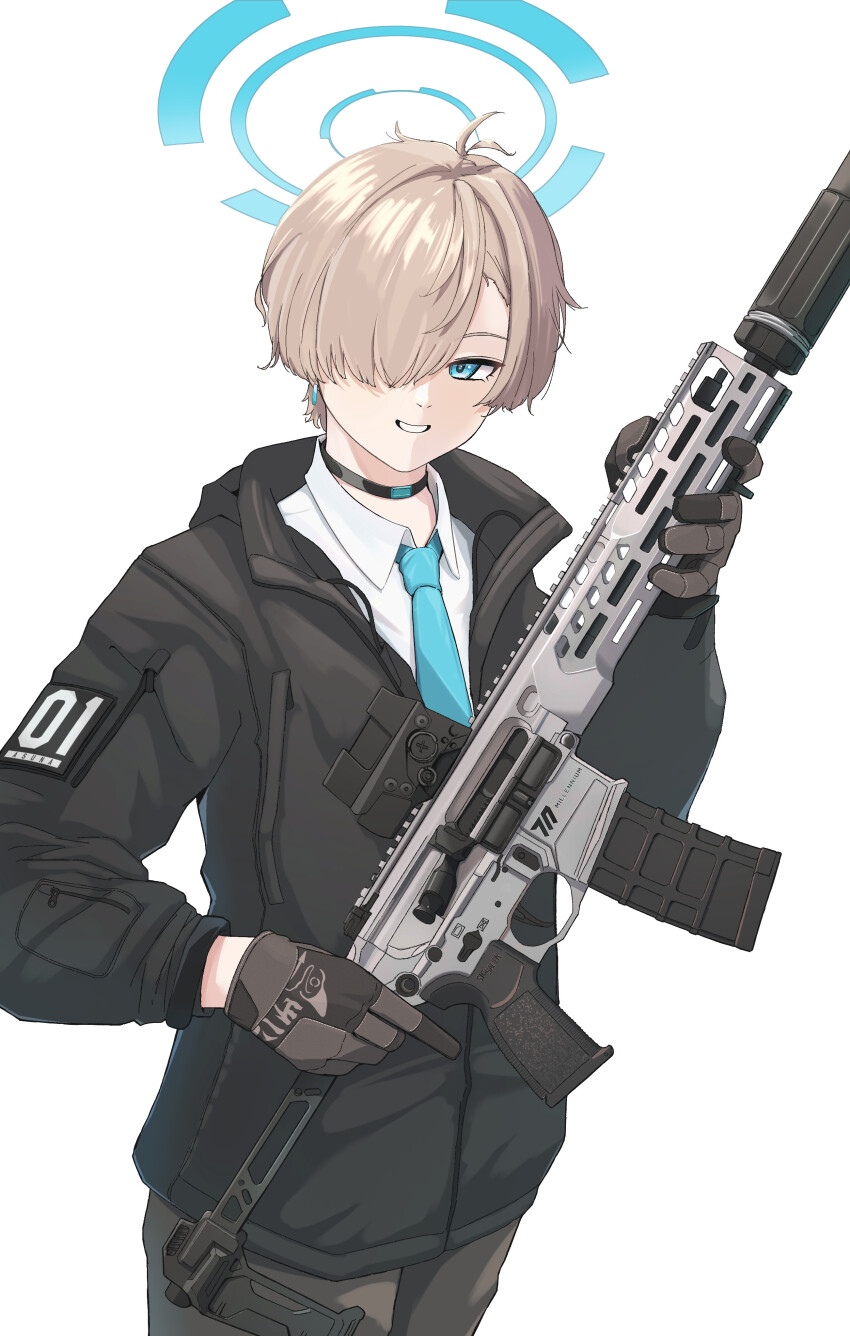 1boy absurdres alternate_costume assault_rifle asuna_(blue_archive) black_choker black_jacket blonde_hair blue_archive blue_eyes blue_halo blue_necktie choker collared_shirt commentary commission cowboy_shot earrings folding_stock genderswap genderswap_(ftm) gloves grey_gloves gun hair_over_one_eye halo highres holding holding_gun holding_weapon jacket jewelry looking_at_viewer magazine_(weapon) military military_jacket necktie okapi_(yomaigoto) out_of_frame pants parted_bangs patch rifle shirt short_hair sig_mcx simple_background skeb_commission smile solo standing suppressor tactical_clothes weapon white_background white_shirt zipper
