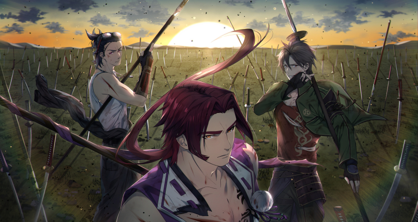3boys absurdres cloud cloudy_sky commentary_request goggles goggles_on_head hand_on_own_face highres holding holding_polearm holding_weapon injury katana looking_at_viewer multiple_boys nihongou nihongou_(touken_ranbu) onota_(fkdx2243) otegine outdoors plain polearm sky spear sun sun_glare sunrise sword tonbokiri tonbokiri_(touken_ranbu) torn_clothes touken_ranbu weapon wind yari