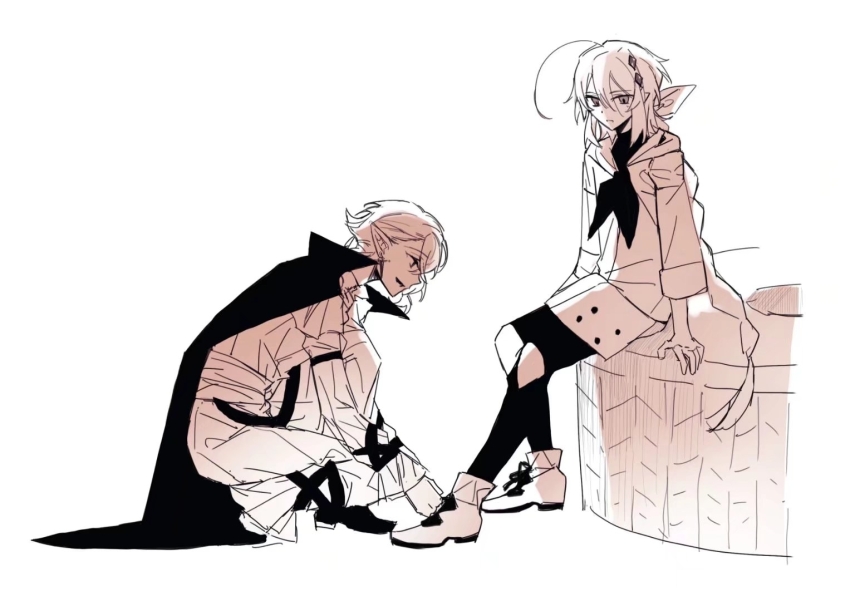 1boy 1girl ahoge androgynous cape chinese_commentary commentary_request from_side long_hair long_sleeves monochrome multiple_boys neckerchief open_mouth original pants parted_lips pointy_ears short_hair sitting smile squatting tying_footwear white_background xuanyuan