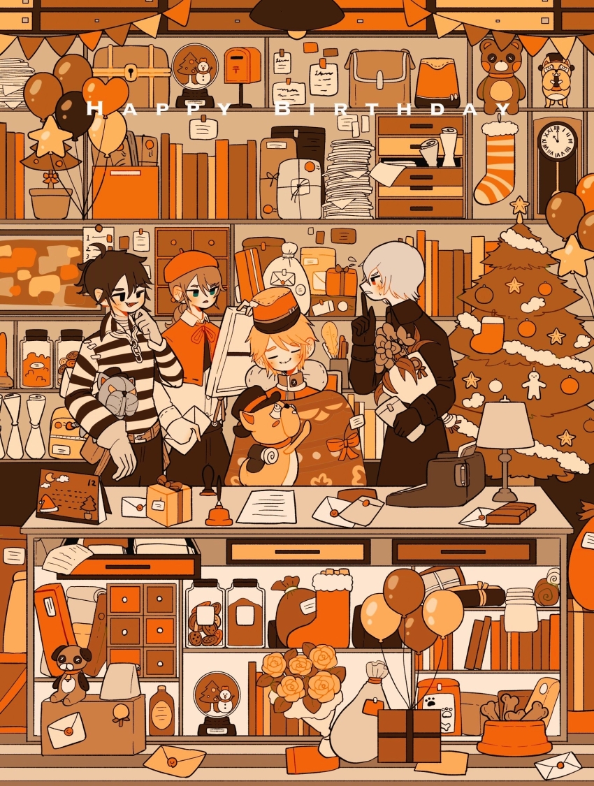 4boys :d absurdly_detailed_composition ahoge andrew_kreiss balloon belt belt_pouch beret black_coat black_eyes black_gloves blanket blonde_hair bouquet bowl box brown_flower brown_hair buttons cabinet calendar_(object) capelet chain chair christmas christmas_ornaments christmas_present christmas_stocking christmas_tree clock closed_eyes closed_mouth coat collared_shirt cross_scar desk dog dog_treat edgar_valden envelope facial_scar finger_to_mouth flower flying_sweatdrops gift gift_box gloves green_eyes grey_gloves half-closed_eye happy_birthday hat highres identity_v indoors inkwell jar lamp letter loaded_interior long_sleeves low_ponytail luca_balsa mailbox_(incoming_mail) male_focus medium_hair multiple_boys neck_pillow non-humanoid_robot open_mouth orange_flower package painting_(object) paper_stack pen pet_bowl ponytail pouch quill red_capelet red_eyes red_headwear robot robot_animal robot_dog rose sack santa_hat scar scar_on_cheek scar_on_face scar_on_nose shelf shirt short_hair shushing sitting sleeping smile snow_globe snowman stitched_mouth stitches striped_clothes striped_shirt stuffed_animal stuffed_dog stuffed_toy suspenders teddy_bear treasure_chest triangle_mouth typewriter victor_grantz wax_stamp white_hair white_shirt whybe123 wick_(identity_v) yellow_flower yellow_rose