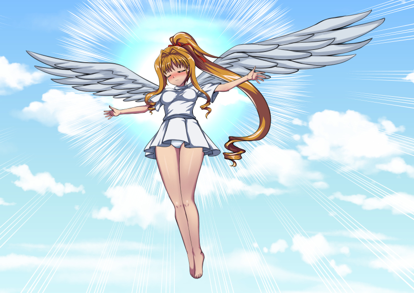 1girl absurdres angel_wings blonde_hair cyber_(cyber_knight) dress henshin highres kaitou_jeanne kamikaze_kaitou_jeanne kusakabe_maron legs panties petals ponytail underwear white_dress wings