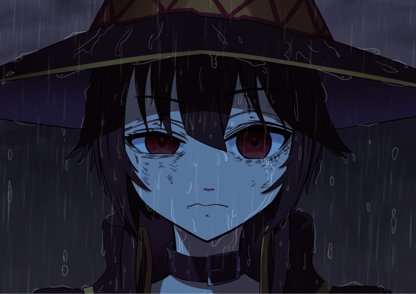 1girl belt_collar black_cape brown_hair brown_hat cape chainsaw_man choker close-up closed_mouth collar commentary frown hair_between_eyes hat highres kawaseri1 kono_subarashii_sekai_ni_shukufuku_wo! looking_at_viewer megumin night outdoors portrait rain red_eyes scene_reference short_hair solo straight-on witch_hat