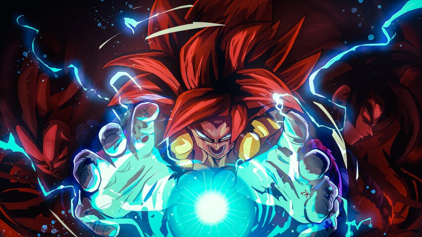2kartz 3boys absurdres big_bang_kamehameha black_vest blue_eyes dragon_ball dragon_ball_gt food gogeta highres kamehameha_(dragon_ball) long_hair male_focus metamoran_vest multiple_boys outstretched_arms red_hair solo_focus son_goku spiked_hair super_saiyan super_saiyan_4 vegeta vest