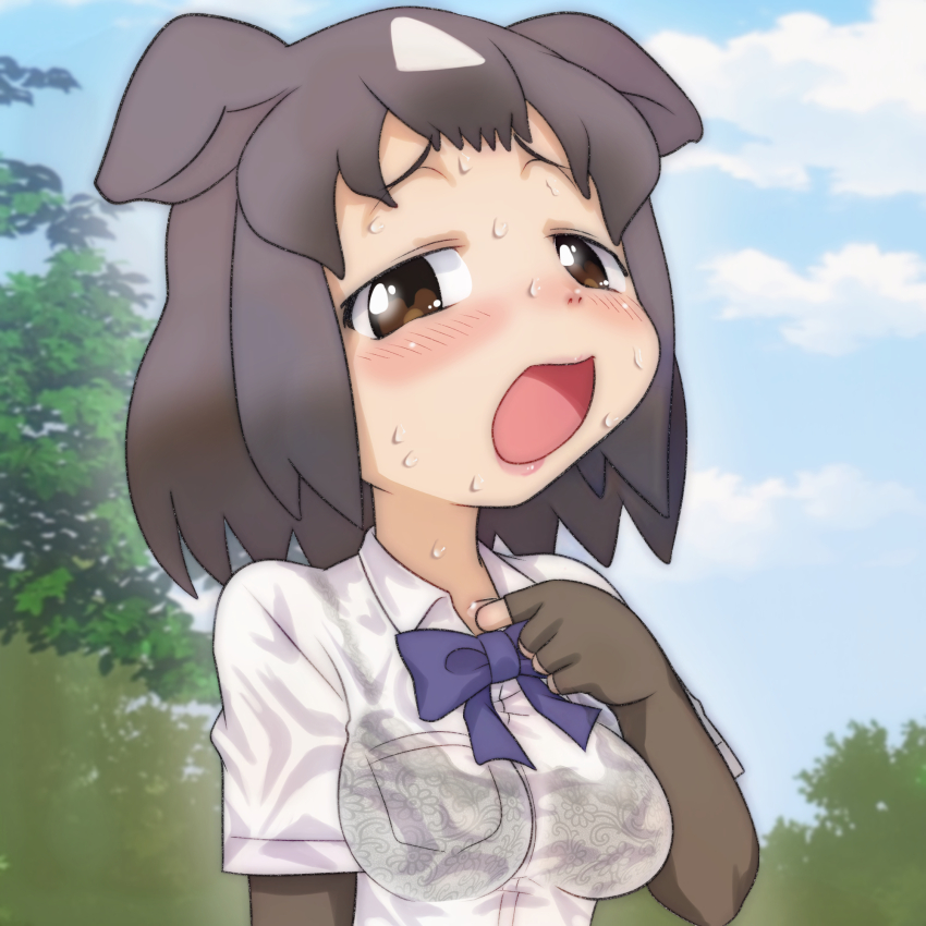 1girl animal_ears bear_ears bear_girl black_bra blue_bow blue_bowtie blush bow bowtie bra breast_pocket breasts brown_bear_(kemono_friends) brown_eyes brown_gloves brown_hair cloud collarbone floral_print gloves highres hot kemono_friends looking_at_viewer medium_breasts open_mouth pocket print_bra see-through_clothes see-through_shirt shirt short_hair short_sleeves sky smile standing sweat t_jiroo_(ringofriend) tree underwear upper_body wet wet_clothes wet_shirt white_shirt