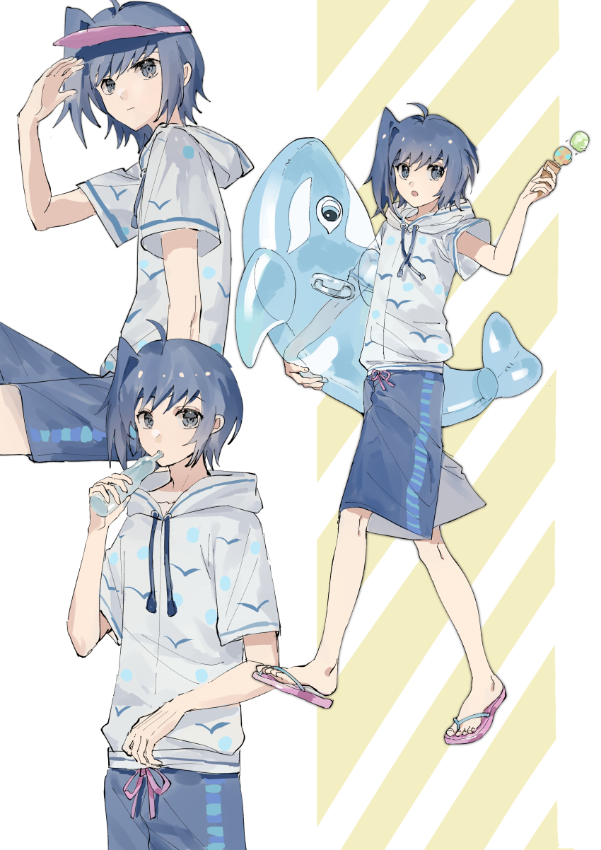 1boy absurdres ahoge animal_print bare_arms bird_print blue_hair blue_male_swimwear bottle cardfight!!_vanguard closed_mouth dot_nose drinking expressionless food glass_bottle hat highres holding holding_bottle holding_floatie holding_food holding_ice_cream holding_ice_cream_cone hood hood_down hoodie ice_cream ice_cream_cone inflatable_shark inflatable_toy looking_ahead looking_at_viewer male_focus male_swimwear medium_hair morgue_(southsakura) multiple_views one_side_up pink_hat pink_sandals sandals sendou_aichi short_hair short_sleeves simple_bird sitting spilling swim_trunks visor_cap walking white_background white_hoodie