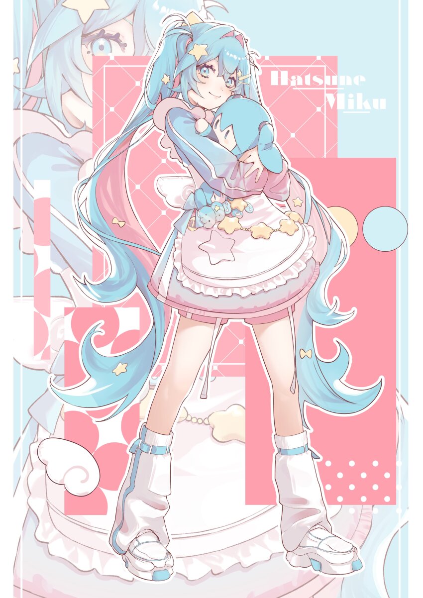 1girl 39 absurdres angel_wings apron ball_pit_chain blue_dress blue_hair character_doll colored_inner_hair cute_x_subculture_hatsune_miku_design_contest doll dress fashion hashtag-only_commentary hatsune_miku highres holding holding_stuffed_toy jersey_maid leg_warmers long_hair long_sleeves looking_at_viewer maid multicolored_hair myamyamyako shoes sneakers solo star_(symbol) stuffed_toy tenshi_kaiwai twintails unconventional_maid very_long_hair vocaloid wallet_chain white_apron wings yume_kawaii zoom_layer