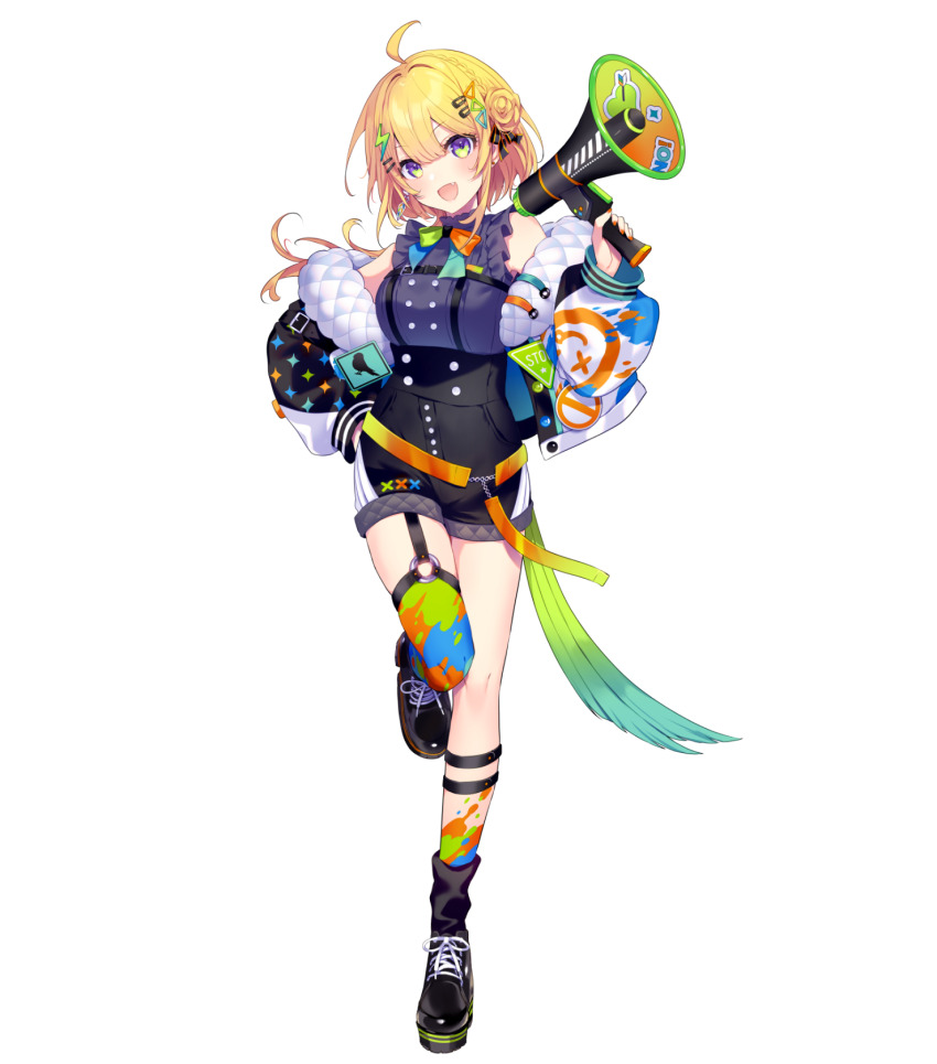1girl :d ahoge arm_belt armpits bare_shoulders belt black_belt black_garter_straps black_jacket black_ribbon black_shoes black_shorts black_socks blonde_hair blush bow bowtie braid breasts chest_harness cross-laced_footwear crown_braid double-parted_bangs earrings fang feather_earrings feathers fingernails floating_earring frilled_shirt frills full_body garter_straps green_eyes hair_between_eyes hair_bun hair_intakes hair_ornament hair_ribbon hairclip hand_on_own_hip hand_up harness head_tilt high-waist_shorts highres holding holding_megaphone jacket jewelry kozuya_nano leg_up lightning_bolt lightning_bolt_hair_ornament lightning_bolt_symbol long_hair long_sleeves looking_at_viewer loose_socks medium_breasts megaphone multicolored_bow multicolored_bowtie multicolored_eyes multicolored_jacket multicolored_thighhighs nail_polish no_entry_sign off_shoulder official_art open_clothes open_jacket open_mouth orange_belt orange_nails puffy_long_sleeves puffy_sleeves purple_eyes purple_shirt quilted_jacket ribbon road_sign saine shin_strap shirt shirt_tucked_in shoes short_shorts shorts sidelocks sign simple_background single_garter_strap single_side_bun single_sock single_thighhigh sleeveless sleeveless_shirt smile socks solo specialite_(company) standing standing_on_one_leg stop_sign stud_earrings thick_eyelashes thighhighs transparent_background triangle_hair_ornament v-shaped_eyebrows virtual_youtuber white_jacket