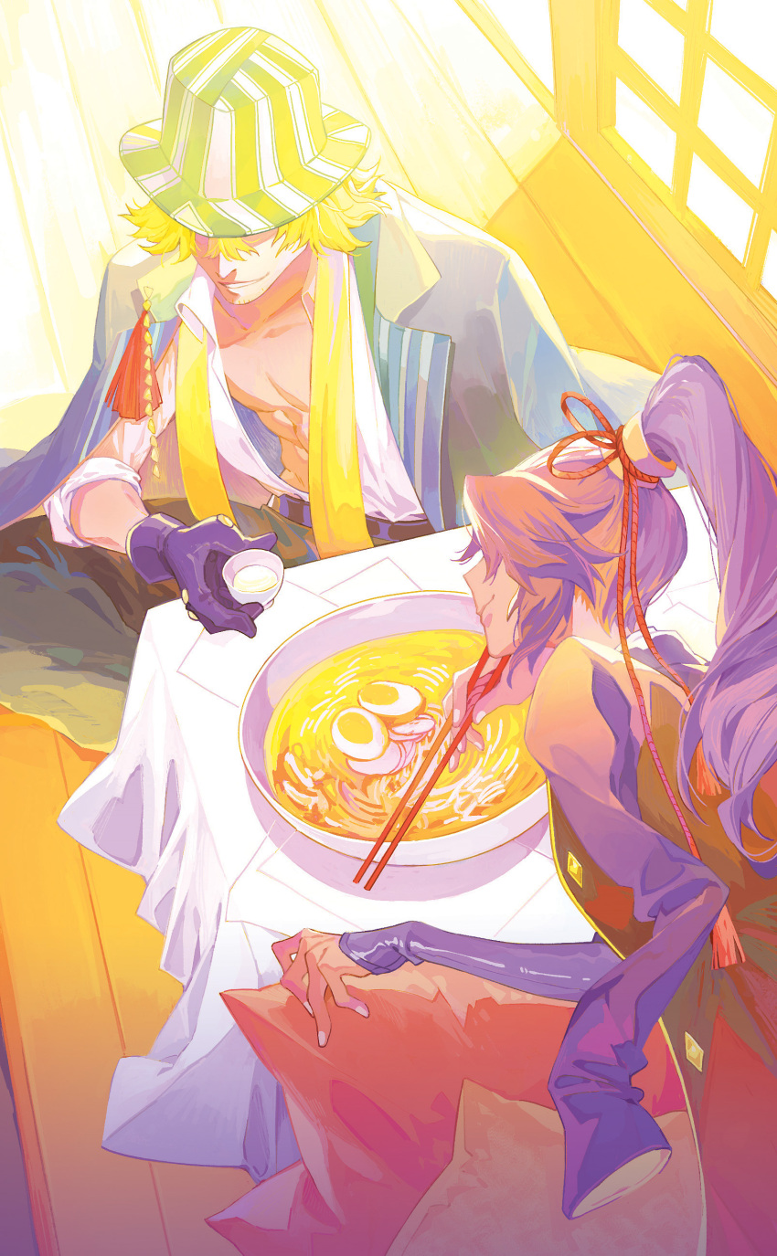 1boy 1girl abs absurdres black_pants bleach blonde_hair bucket_hat chopsticks cup dark-skinned_female dark_skin food gloves hat high_ponytail highres holding holding_chopsticks holding_cup indoors jacket kuzen muscular muscular_male noodles off-shoulder_jacket off_shoulder open_clothes open_jacket open_shirt pants ponytail purple_gloves purple_hair ramen shihouin_yoruichi shouji sitting sleeves_rolled_up sliding_doors table tablecloth urahara_kisuke wooden_floor