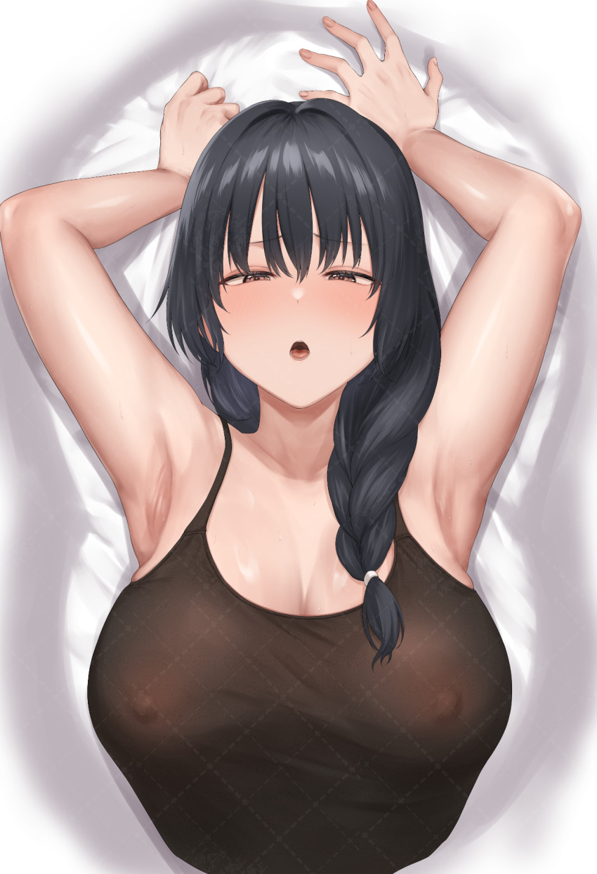 1girl a_mezashi armpits arms_up black_camisole black_hair braid breasts brown_eyes camisole commentary_request hair_between_eyes highres large_breasts looking_at_viewer lying on_back original see-through_clothes side_braid single_braid sleeveless solo variant_set