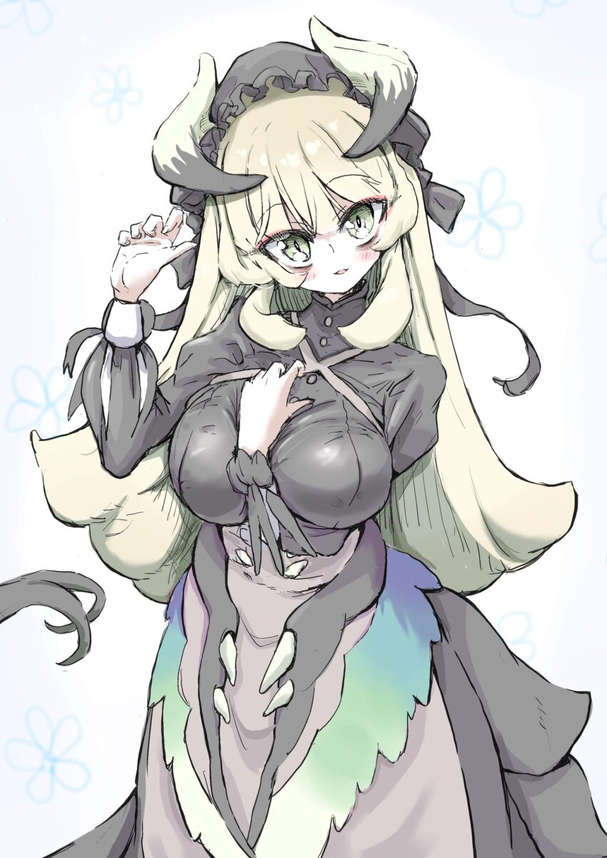 1girl arm_between_breasts between_breasts black_dress black_scales black_tail blonde_hair blush breasts chamber_dragonmaid cowboy_shot dragon_girl dragon_horns dragon_tail dragon_wings dress duel_monster green_eyes highres horns jigenshin large_breasts long_hair low_wings maid maid_headdress missing_commentary simple_background solo tail white_background wings yu-gi-oh!