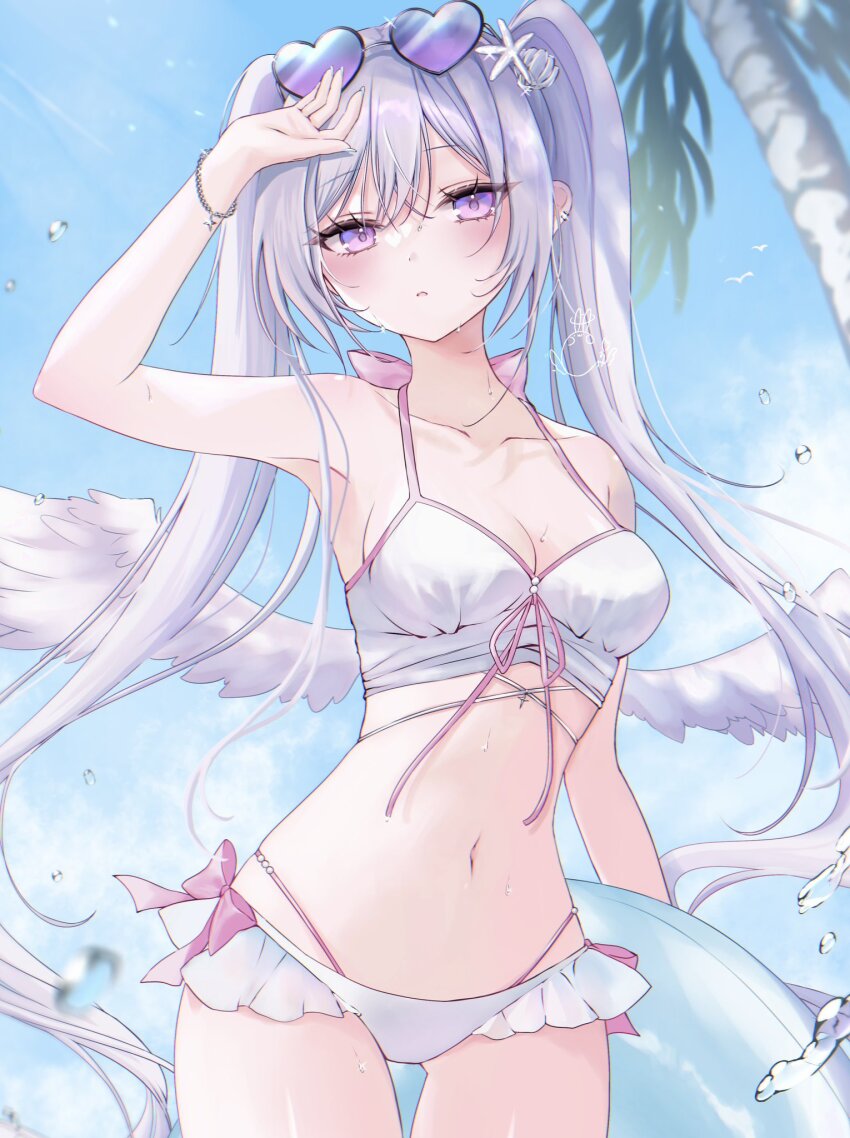 1girl arm_up bikini blue_sky blush bracelet breasts cleavage collarbone commentary cowboy_shot day ear_piercing english_commentary eyewear_on_head front-tie_bikini_top front-tie_top grey_hair heart heart-shaped_eyewear highres jewelry klee-on long_hair looking_at_viewer navel original outdoors parted_lips piercing purple_eyes sky solo sunglasses swimsuit twintails very_long_hair white_bikini