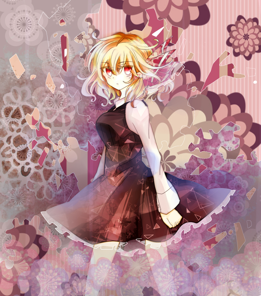1girl blonde_hair clenched_hands colored_eyelashes dress female_focus hair_ribbon highres long_sleeves looking_at_viewer necktie pinafore_dress red_eyes ribbon rumia serious short_hair sleeveless sleeveless_dress solo take_no_ko touhou walking wavy_hair