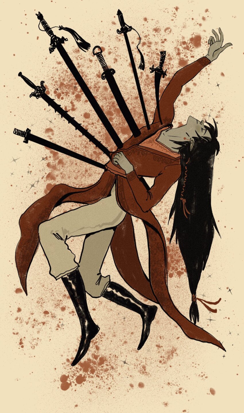 1boy arched_back black_boots black_hair blood blood_splatter boots braid chinese_clothes colored_skin commentary_request earrings grey_skin hair_ribbon hand_up hanfu highres hua_cheng impaled jewelry long_hair male_focus pants pointy_ears red_hanfu red_ribbon ribbon russian_commentary scimitar side_braid solo sparkle stab sword sword_tassel tassel tianguan_cifu very_long_hair weapon white_pants yaroslava_murashko yellow_background